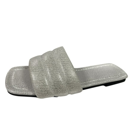 

uikmnh Women Slippers Solid Color Leather Flat Bottom Casual Beach Sandals And Slippers Silver 8