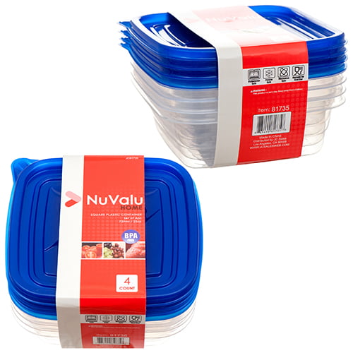 3 set of 4 clear square storage containers with blue lid each is 25 oz 
