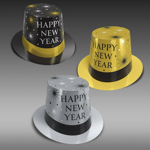 Black, Silver, and Gold Assorted New Year Hi-Hats, Pack of 25