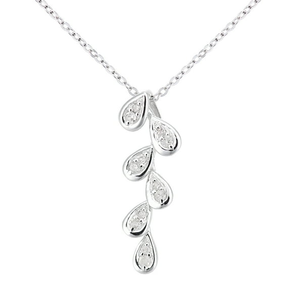9ct White Gold Jewelco London Round 10pts Diamond Leaf Lavalier Necklace 18 inch