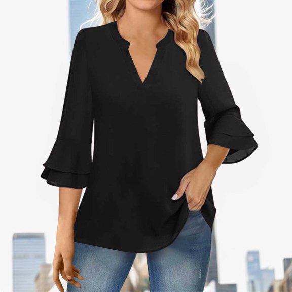 Women Fashion Solid V Neck Casual Three Quarter Sleeve Pearl Chiffon T Shirt Top Dark Shirt for Women Solid Womens Shirts Women Tops Spandex Women Tee Women Top New Loose Fit Athletic Tops for Women