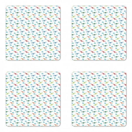 

Airplane Coaster Set of 4 Travel Around the World Theme with Colorful Retro Biplanes Air Route Dashed Lines Square Hardboard Gloss Coasters Standard Size Multicolor by Ambesonne