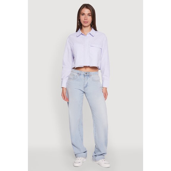 Womens Striped Long Sleeve Button Front Cropped Shirt