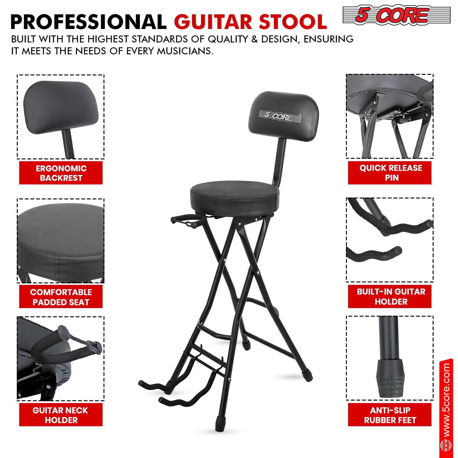 Guitar Stool Seat With Backrest Thick Cushioned Portable Durable Guitars Chair with Padded Holder Stand for Musicians,Black