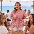 thumbnail image 3 of Agnes Orinda Women's Plus Size Gingham Tops Plaid Peplum Button Decor V Neck Short Sleeve Casual Babydoll Blouse 3X Red, 3 of 7