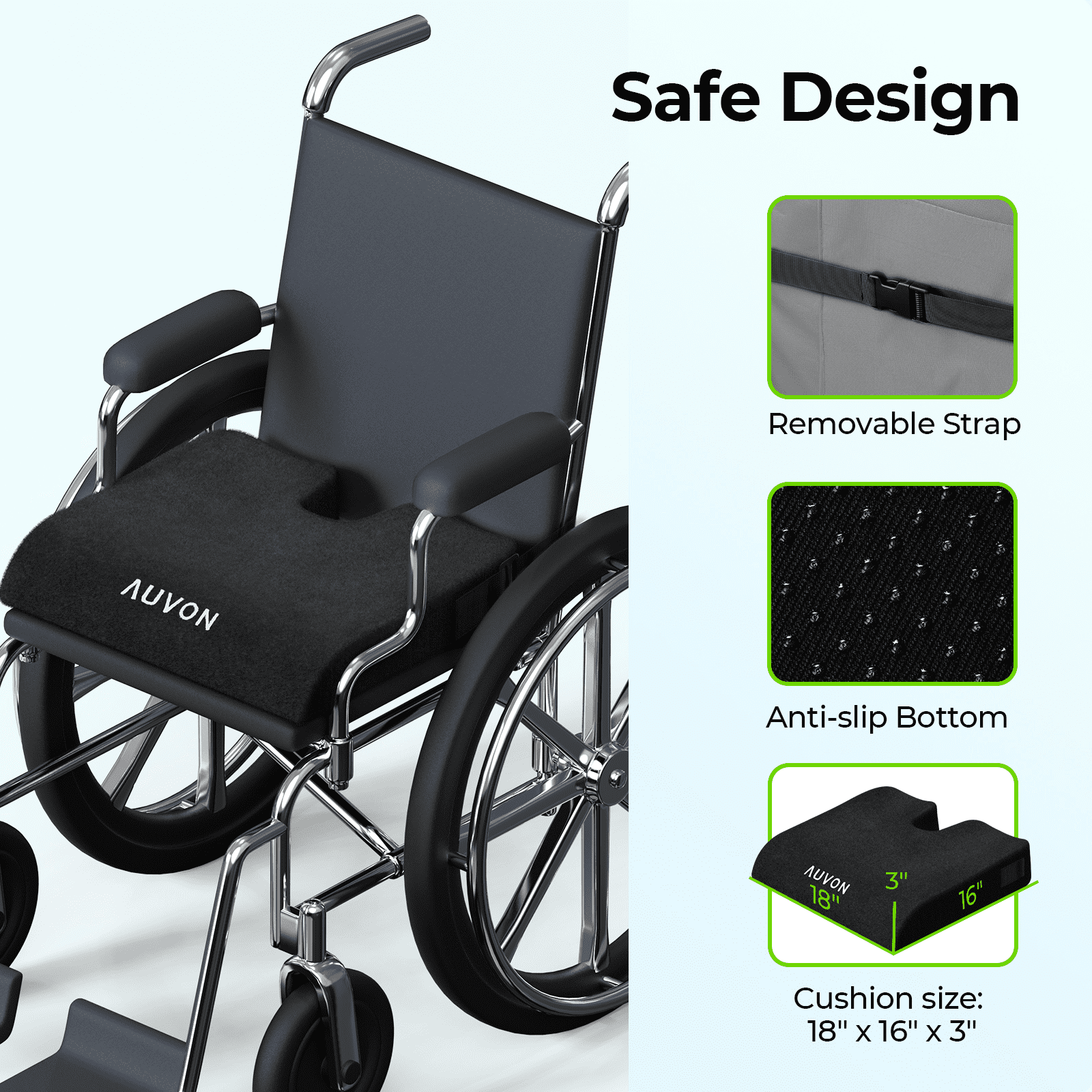 AUVON Gel Wheelchair Seat Cushion with Non-Slip Cover, Removable Strap,  Waterproof Fabric for Summer