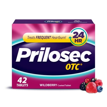 Prilosec OTC, Omeprazole Delayed Release 20mg, Acid Reducer, Treats Frequent Heartburn for 24 Hour Relief, All Day, All Night*, 20mg, Wildberry Flavor, 42 Tablets