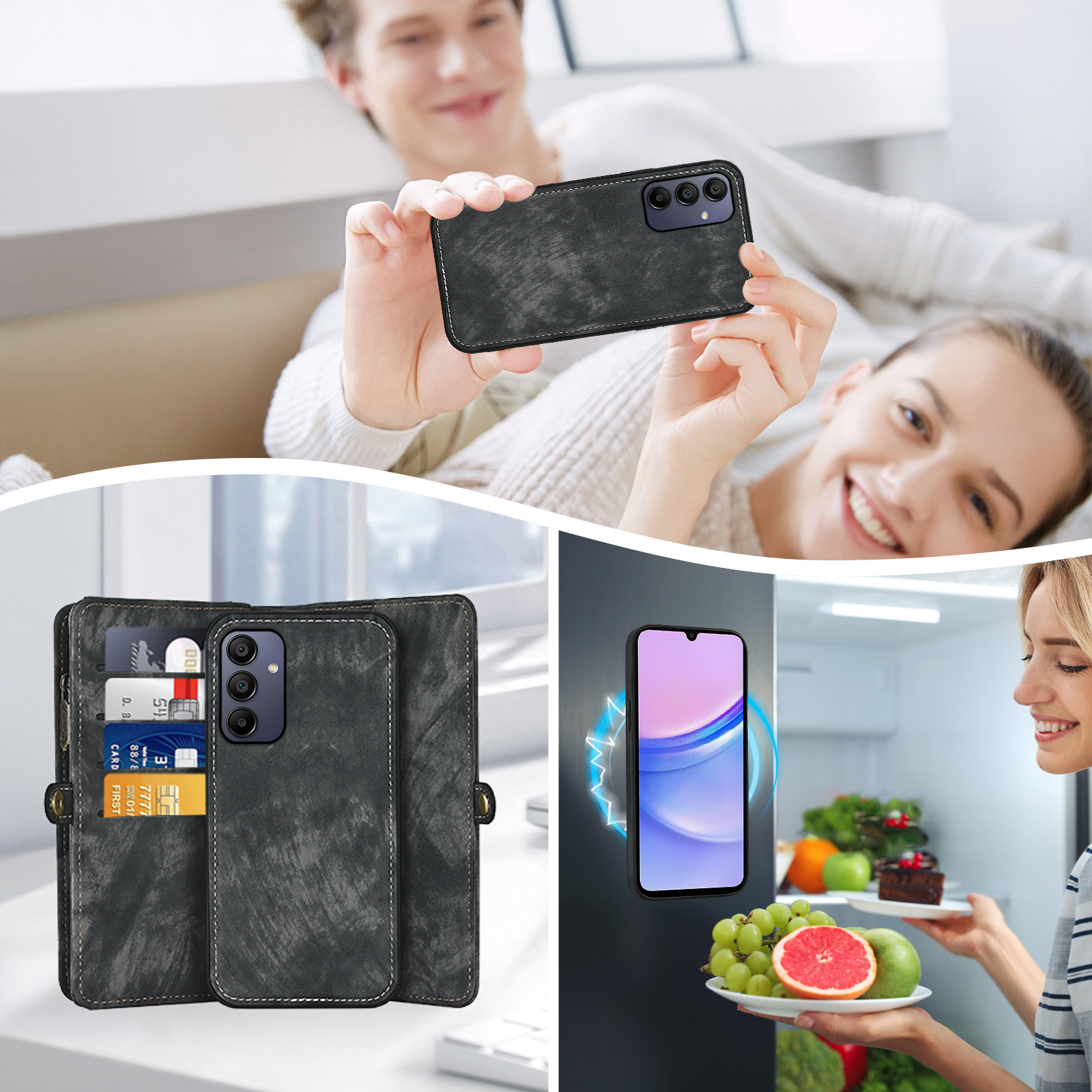 Asuwish Compatible with Samsung Galaxy A15 5G/4G Phone Case Zipper Wallet Detachable Tempered Glass Screen Protector Crossbody Lanyard Strap Flip Card Holder Cell Cover for A 15 G5 15A Women Black