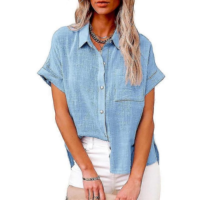 Chemise en Lin Unie pour Femme à Manches Courtes, Décontractée et Ample