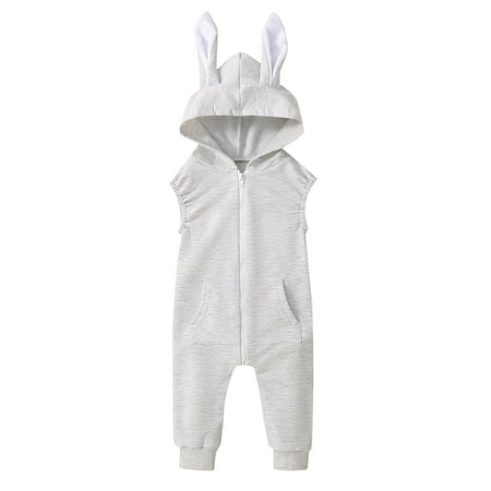 

Baby Girls Outfits Bunny Ear Romper Zipper Hooded Bodysuit Sleeveless Jumpsuit Clothes for Girls Size 18-24 Months