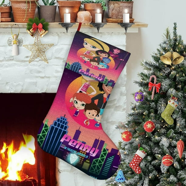 Penny Tema: Calcetines de Navidad, fino lino blanco para colgar en escaleras y chimenea, decoración navideña para el hogar, regalo de Navidad.54cm×38cm