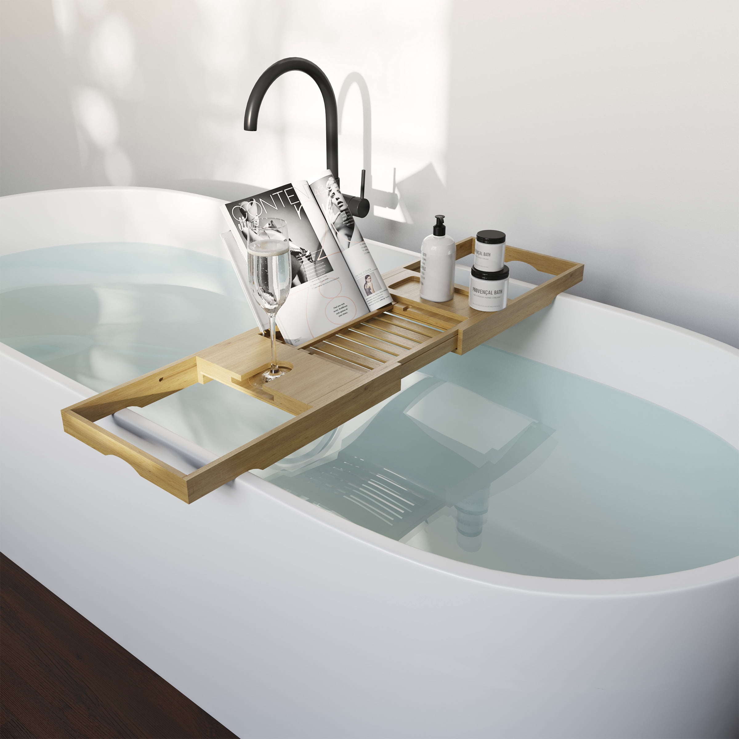 Home-Complete Acacia Bathtub Tray with Extended Sides and Wine Glass Holder