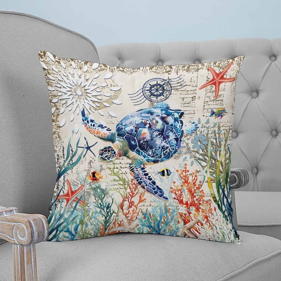 Coastal Sea Turtle Throw Pillow Covers, Soft Pillowcases with Invisible Zipper, Rustic Vintage Nautical Starfish Coral Decorative Pillow Cushion Covers for Living Room Couch Sofa Bed 20x20 Inches
