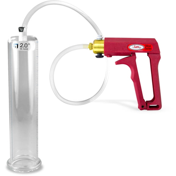 LeLuv Maxi Penis Pump | Red Vacuum Handle, Clear Hose | 9" Length x 2.00" Diameter Cylinder