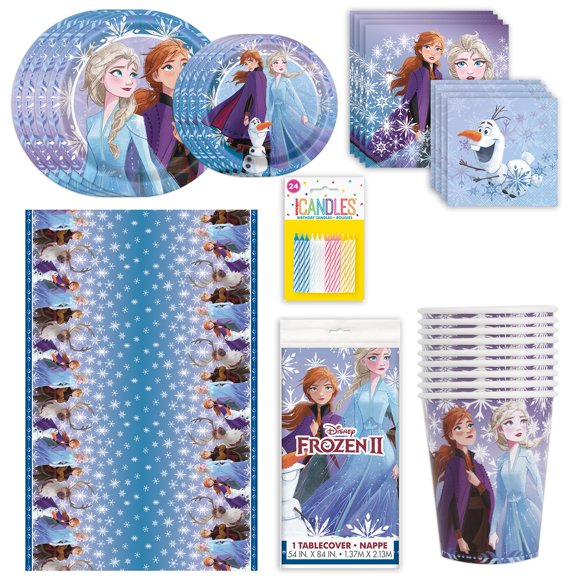 Ensemble de 81 Pcs pour Fête d'Anniversaire Frozen : sous Licence Officielle, Ensemble Valeur Imbattable avec Assiettes à Dessert et à Souper, Serviettes de Table et de Déjeuner, Nappe, Gobelets en Papier et 24 Bougies