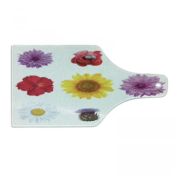 Flowers Cutting Board, Various Type Petals Photo on Plain Backdrop Botanical Themed Graphic, Decorative Tempered Glass Cutting and Serving Board, in 3 Sizes, by Ambesonne