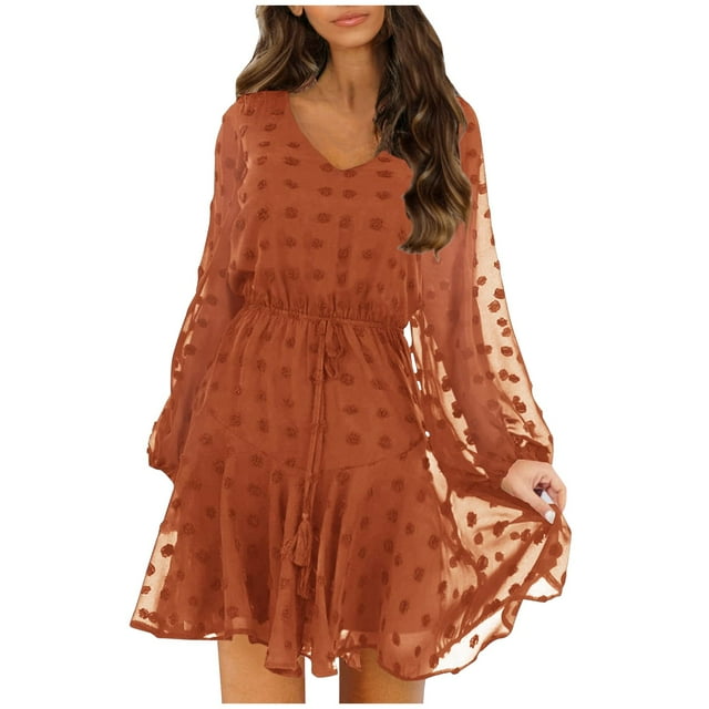Vestidos Para Mujer Casual Maxi Vestidos Moda Ocio Cómodo Cintura Elástica Sólido Cuello en V Vestido de Manga Larga Odeerbi ODB137806