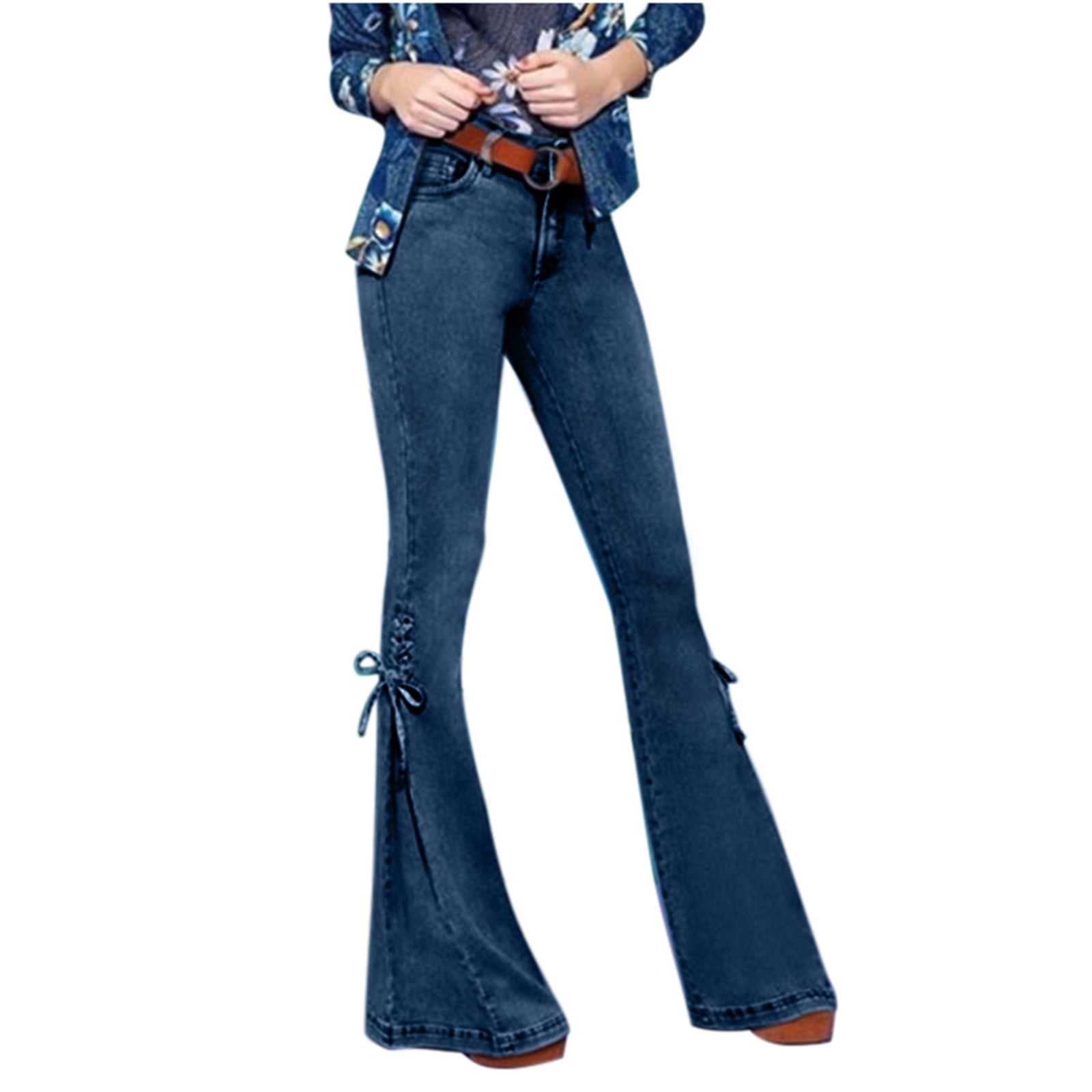 EQWLJWE Lace-up Bell Bottom Pants Jeans for Women Mid Waisted Wide Leg ...