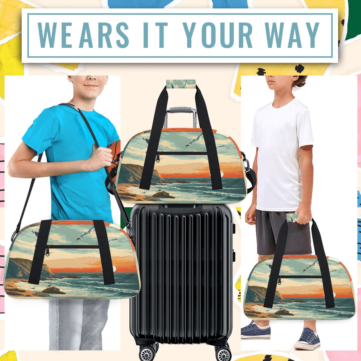 Herdesigns Summer Beach Coastal Sports Duffle Bag for Women & Men, Ocean Landscape Scenery Gym Bag Dance Bag Overnight Bag Carry On Weekender Travel Bag