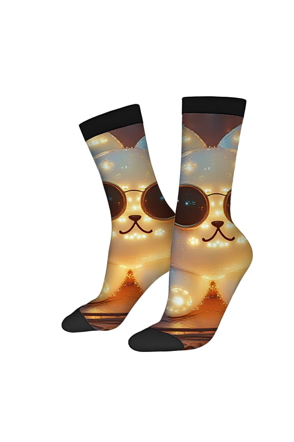 Four Seasons Universal Socks (2 Pairs) - Unisex Trendy Mixed Color Socks with Futuristic Spaceship Design Glowing Lights & Black Accents