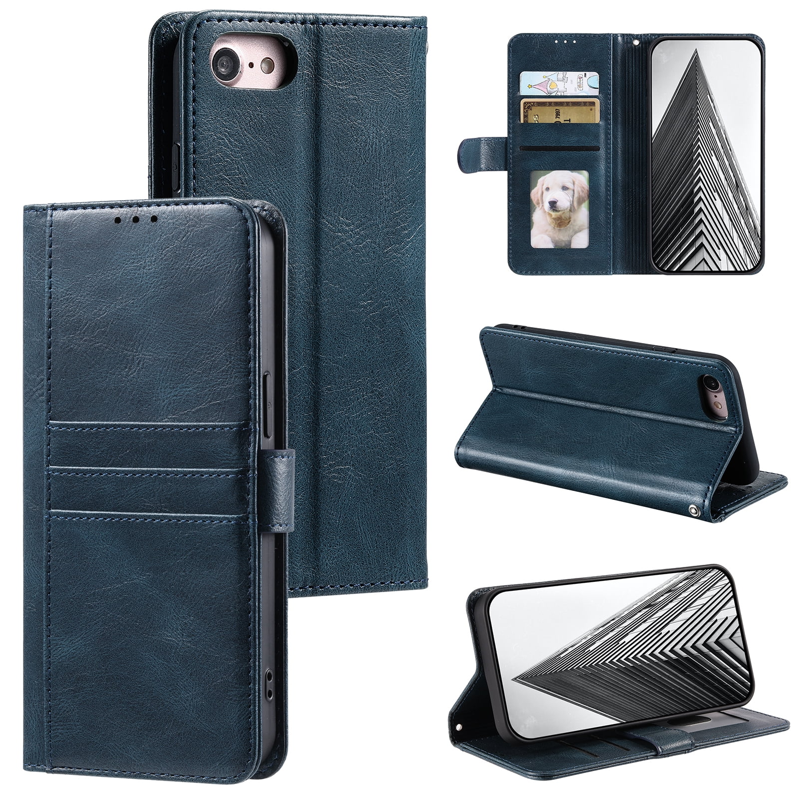 TECH CIRCLE Case for iPhone SE 2022/2020 & iPhone 8 & iPhone 7 (4.7") - Protective PU Leather Folio Case with Wrist Strap, Built-in Stand & Card Slots, Lightweight Portable Phone Cover, Dark Blue
