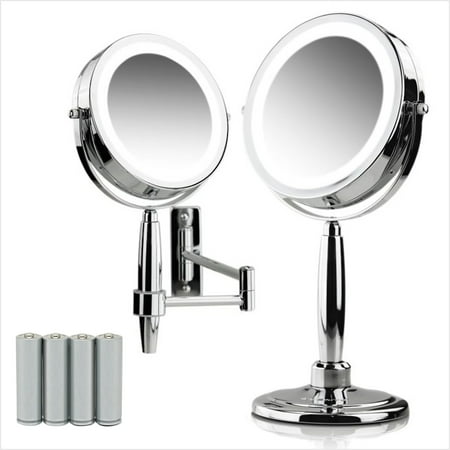 OVENTE 7'' Hand Mirror, 1X 8X Magnifier, Tabletop & Wall Mount, Three Tone LED Lights, Polished Chrome MFM70CH1X8