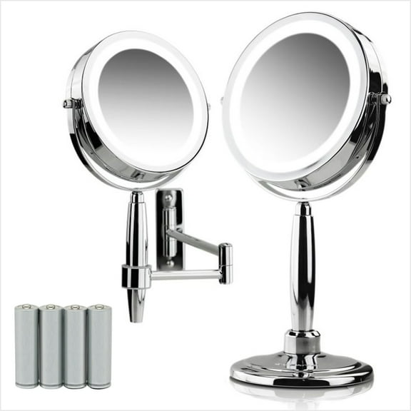 OVENTE 7'' Hand Mirror, 1X 8X Magnifier, Tabletop & Wall Mount, Three Tone LED Lights, Polished Chrome MFM70CH1X8