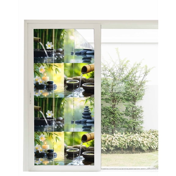 Window Privacy Film Zen Stones Stained Glass Window Film Decorative Sun Block Window Cover Nature Water Reflection Checkered Window Clings Static Adhesive Sticker for Bathroom 35.4"x78.7"