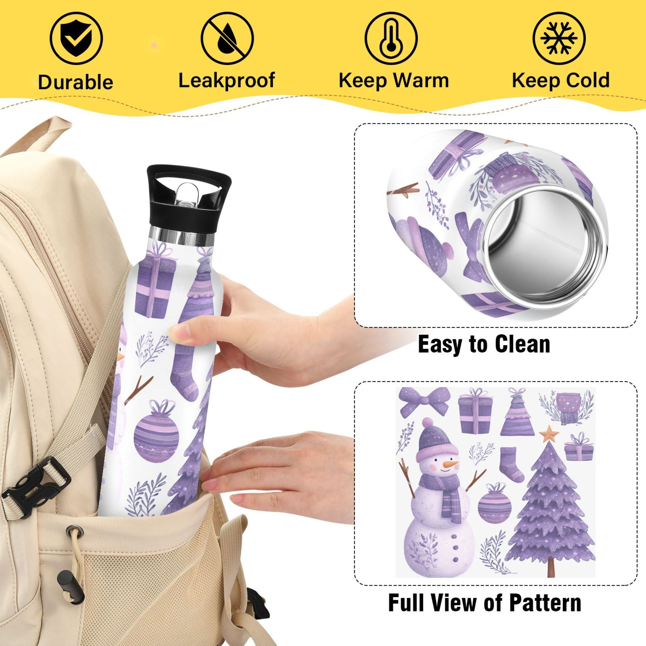 600ML Stainless Steel Insulated Cup Sports Water Bottle Portable Thermos Cup Water Glasses Insulated Tumblers Convenient and Durable Purple Christmas Snowman