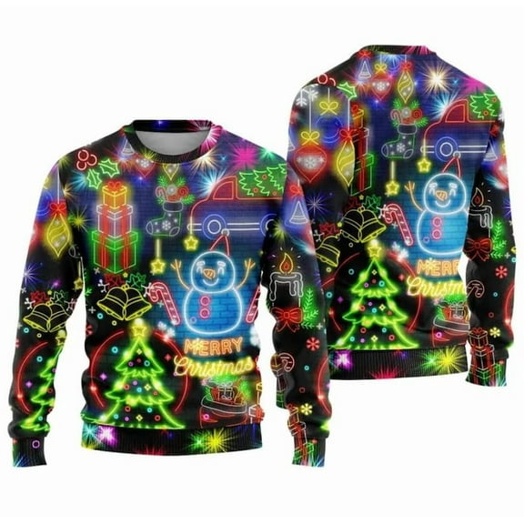 Christmas Bright Neon Lighting Christmas Sweater | Santa Claus Christmas Sweater | Reindeer Neon Light Xmas Sweatshirt