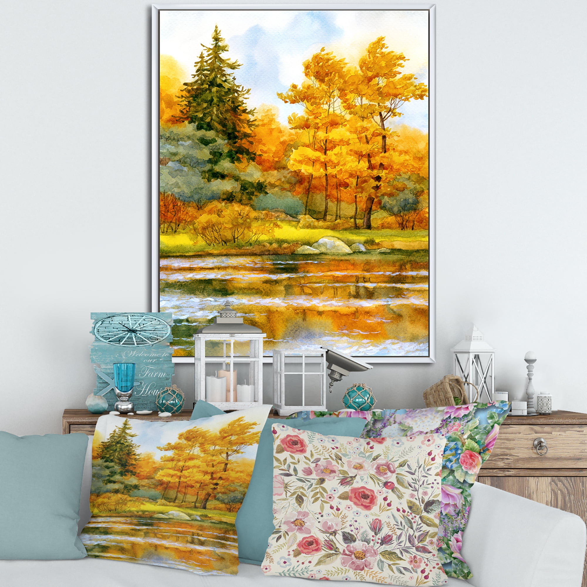 Autumn Forest By The Lake Side II 30 in x 40 in Framed Painting Canvas Art Print, by Designart