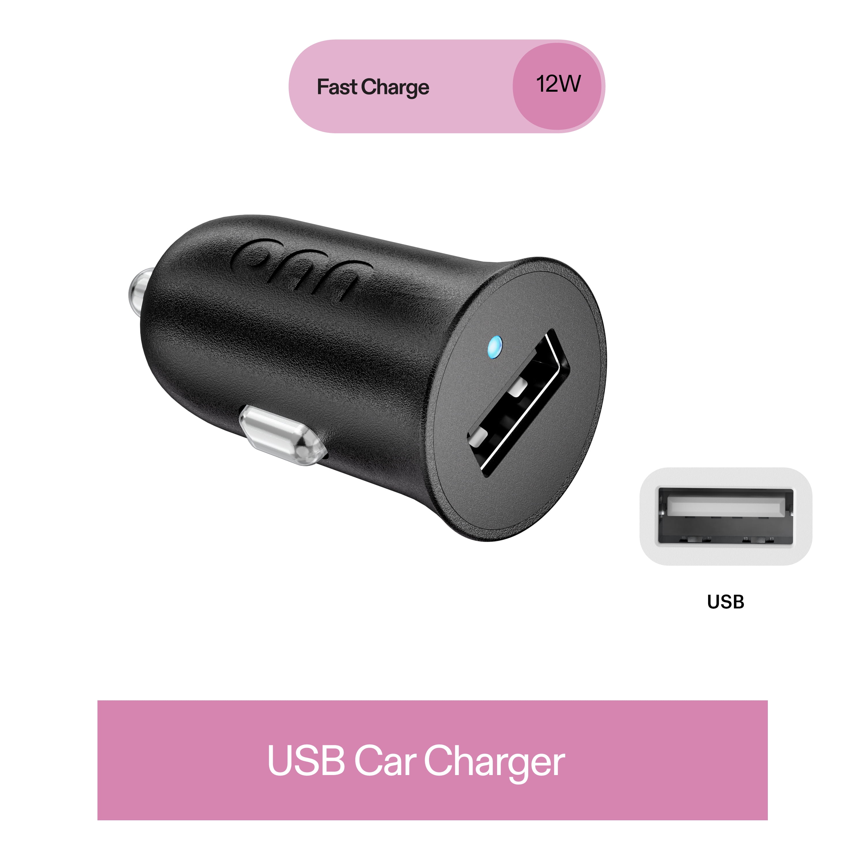 onn 12W USB-A Port Car Charger for Cigarette Lighter, Black