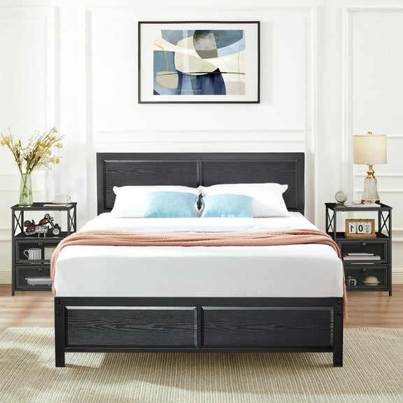 VECELO 3-Piece Bedroom Set Includes Full Platform Bed Frame and Nightstands with 2-Drawer, Black