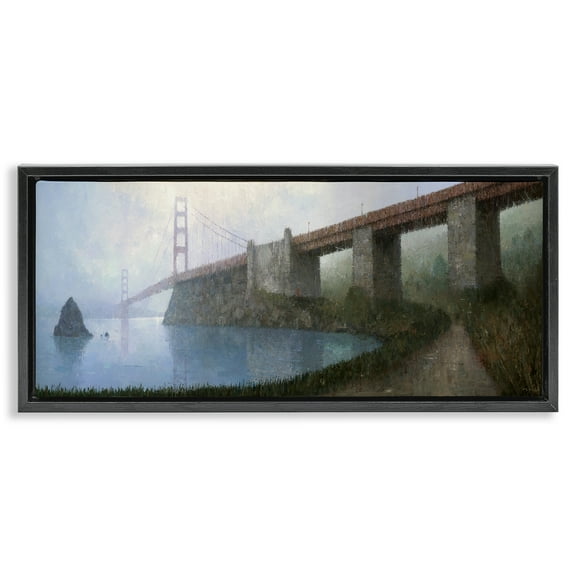 Stupell Industries Bridge over Misty Waters Buildings & Architecture Painting Black Floater Framed Canvas Art Print Wall Art, 25 x 11