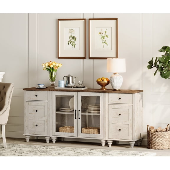 Farmhouse Sideboard Buffet Cabinets with Glass Door, Kitchen Storage Cabinets with Charging Station, Wooden Coffee Bar Table with Adjustable Shelf & 2 Drawers for Dining Room, Rustic White