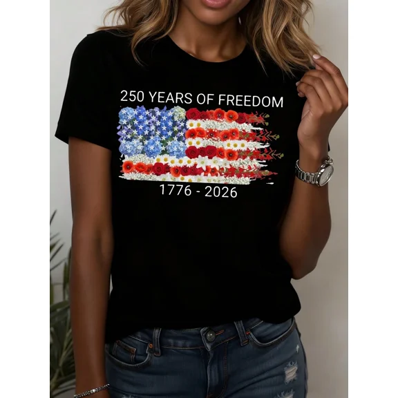 Women's 250 Years of Freedom T-Shirt 1776-2026 Floral American Flag Patriotic Short Sleeve Tee Black