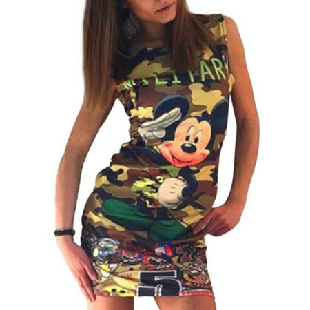 Women Sleeveless Bodycon Short Mini Dress Camo Mickey Evening Party Clubwear Long Tops Summer
