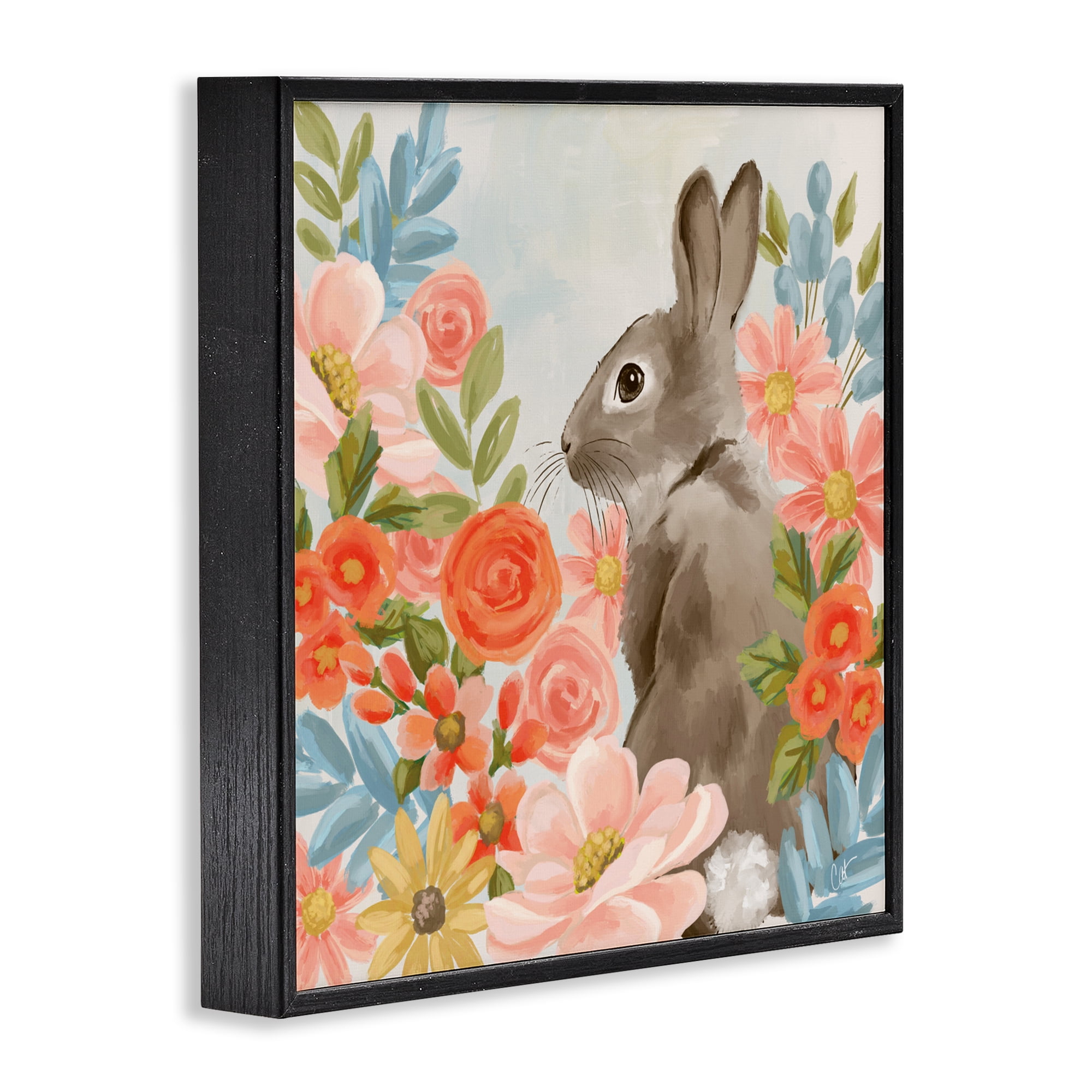Stupell Industries Bunny In The Blooms Black Framed Giclee Art, design by Cat Thurman Designs