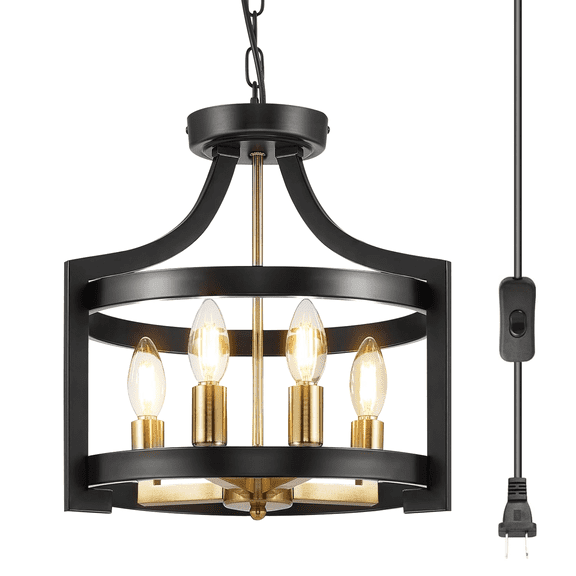 Plug in Chandelier 4-Light Industrial Rustic Farmhouse Pendant Light Fixture,Adjustable Metal Cage with 19.6 ft Hanging Switch Cord for Kitchen Island