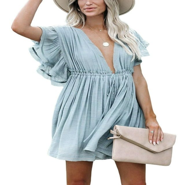 Women‘s Button Down V Neck Ruffle Mini Dress Casual Drawstring Waist Beach Short Dress with Pocket