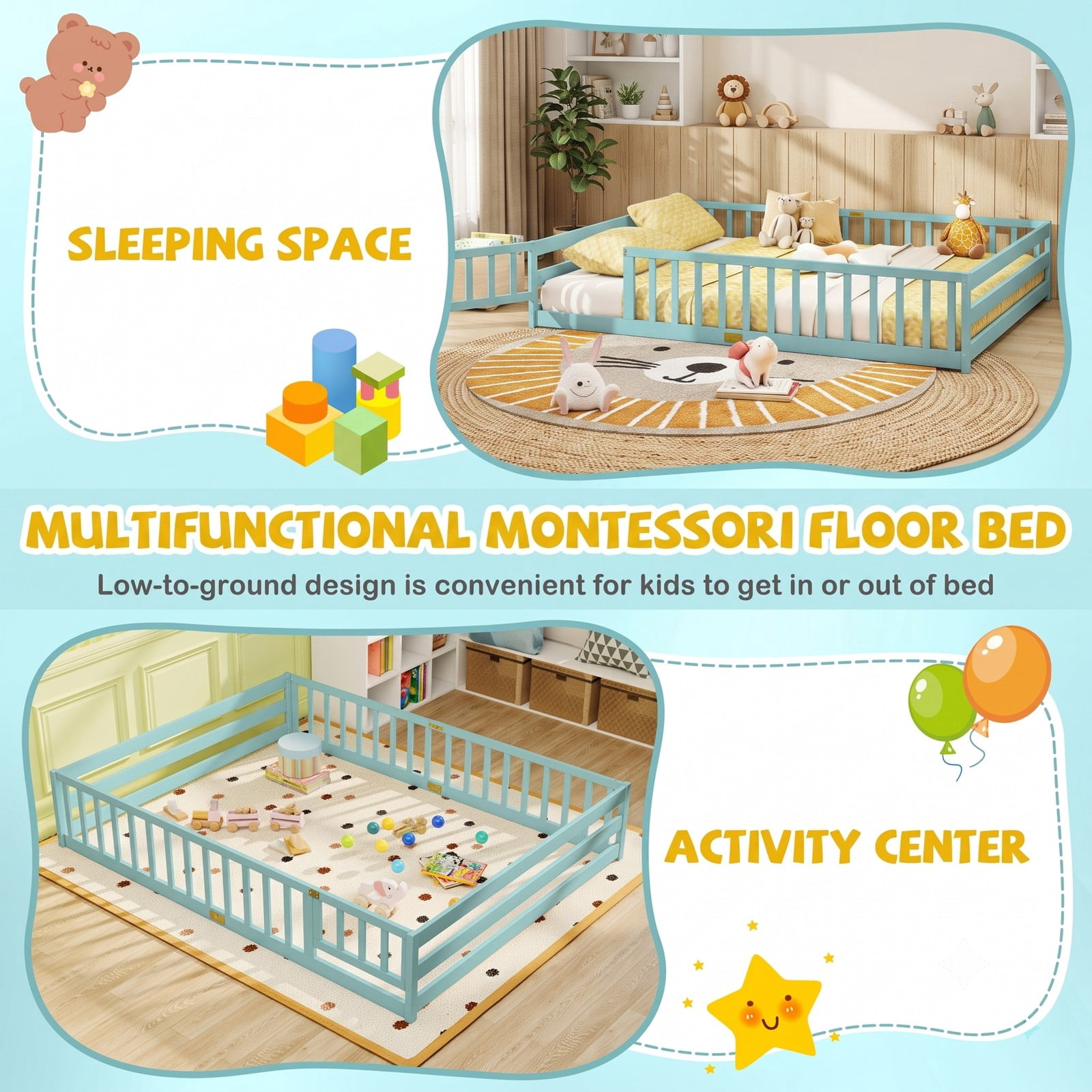 Furnibear Queen Size Wood Montessori Floor Bed Frame with Full Length Guardrails and Lockable Gate, Queen Bed Frame for Kids Bedroom, Aqua