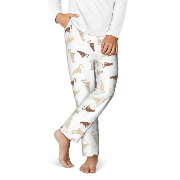 Gukieu Leopard Print Print Youth Home Trousers, Elastic Waistband with Pockets for Home and Outing, Suitable for Children Aged 5-16-XS(5-6)