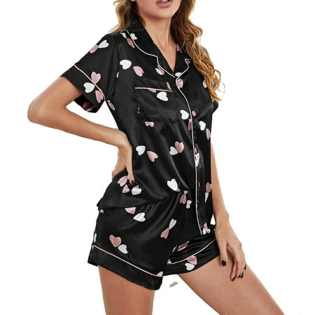 

2pcs Set Elegant Lapel Neck Short Sets Short Sleeve Black Women s Pajama Sets (Women s)