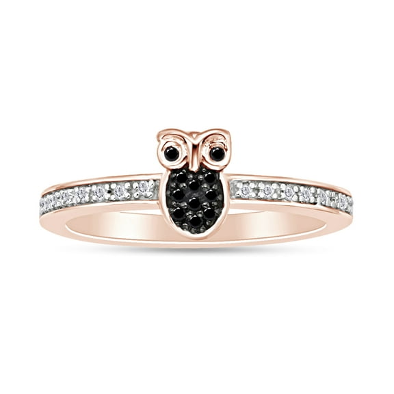 1/10 Carat CTTW Round Cut Black And White Natural Diamond Owl Ring In 14K Rose Gold Over Sterling Silver (0.10 Cttw, I2-I3 Clarity)
