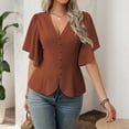 thumbnail image 2 of Stichou Women's Shirts Casual V Neck Tops Half Sleeve Elegant Spring Summer Fashion Blouses Solid Button Blouses Brown S, 2 of 7