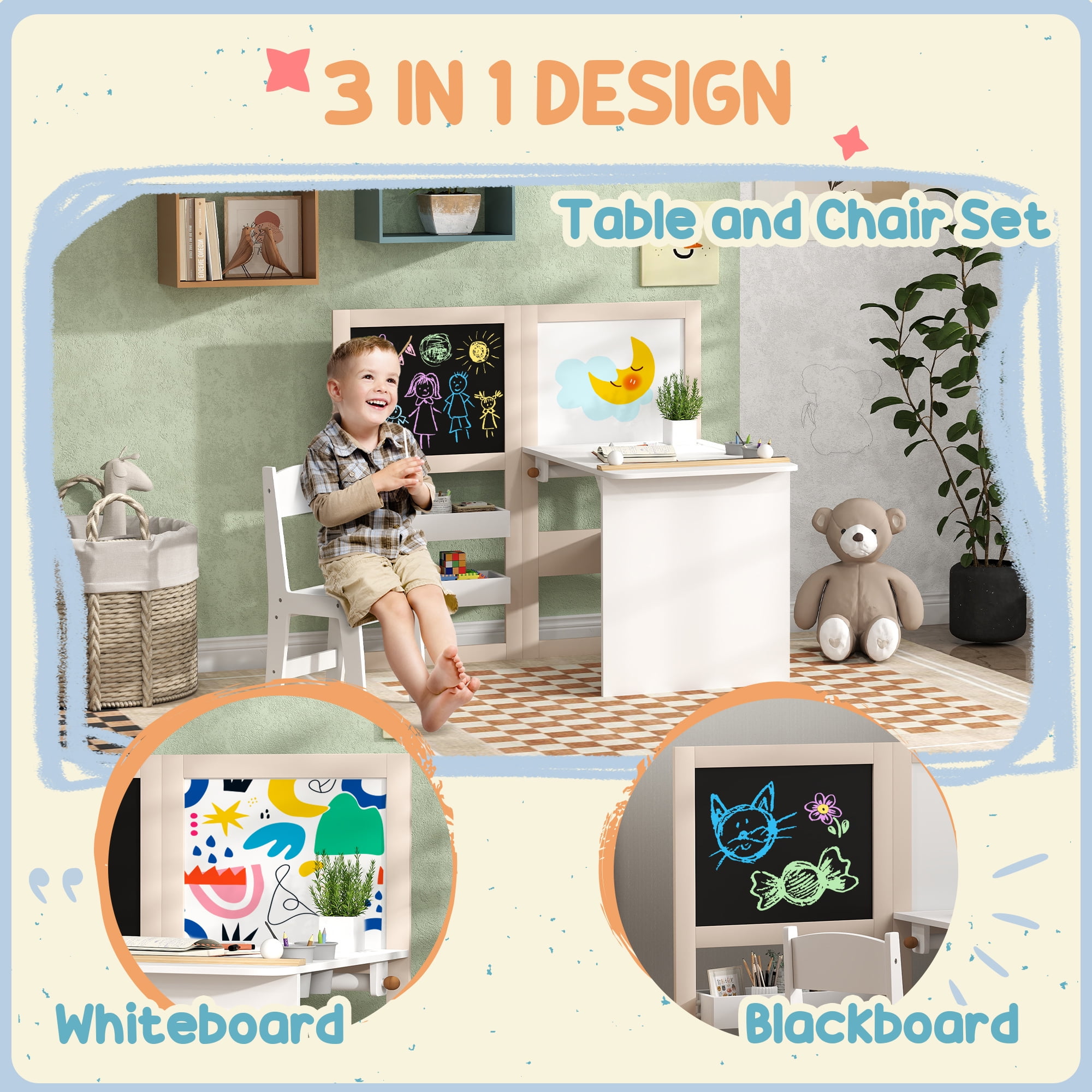 Homiyad 3 in 1 Kids Table and Chair Set with Storage, Whiteboard, Blackboard & Roll Paper for 3-8 Years, White