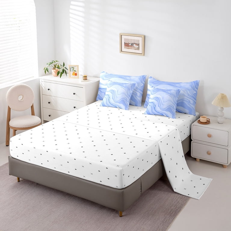Erosebridal Blue White Grey Ombre Bedding Set Full Size 7-Piece - Oil Painting Comforter Set With Sheets & Pillowcases