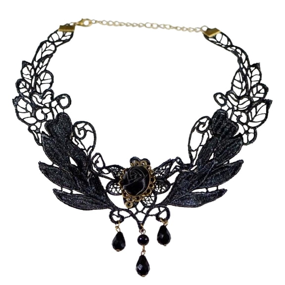 Lace Necklace for Women Gothic Choker with Crystal Pendant, Dainty Adjustable Chain Jewelry for Party Wedding Halloween Costume Black