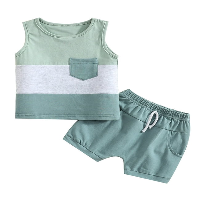 2Pcs Infant Baby Boy Casual Summer Outfit Set Sleeveless Patchwork Tank Tops Solid Drawstring Shorts with Pockets