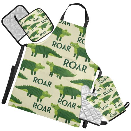 Ryvnso Crocodile Cartoon Kitchen Apron Oven Mitts Set Pot Holders